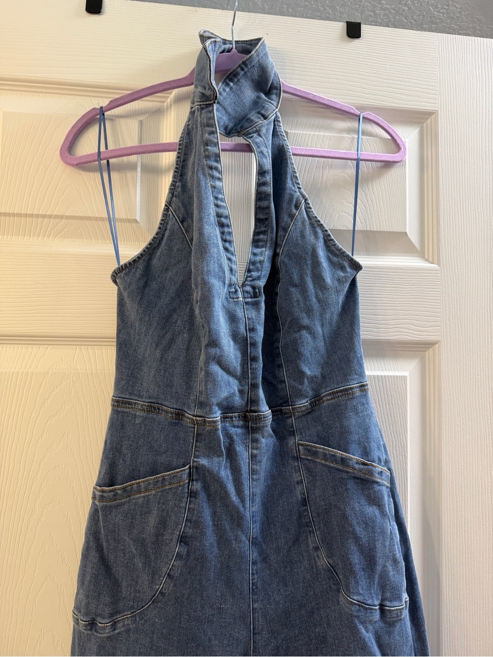 Blue Blush Denim Halter Jumpsuit in Washed Blue Never Worn